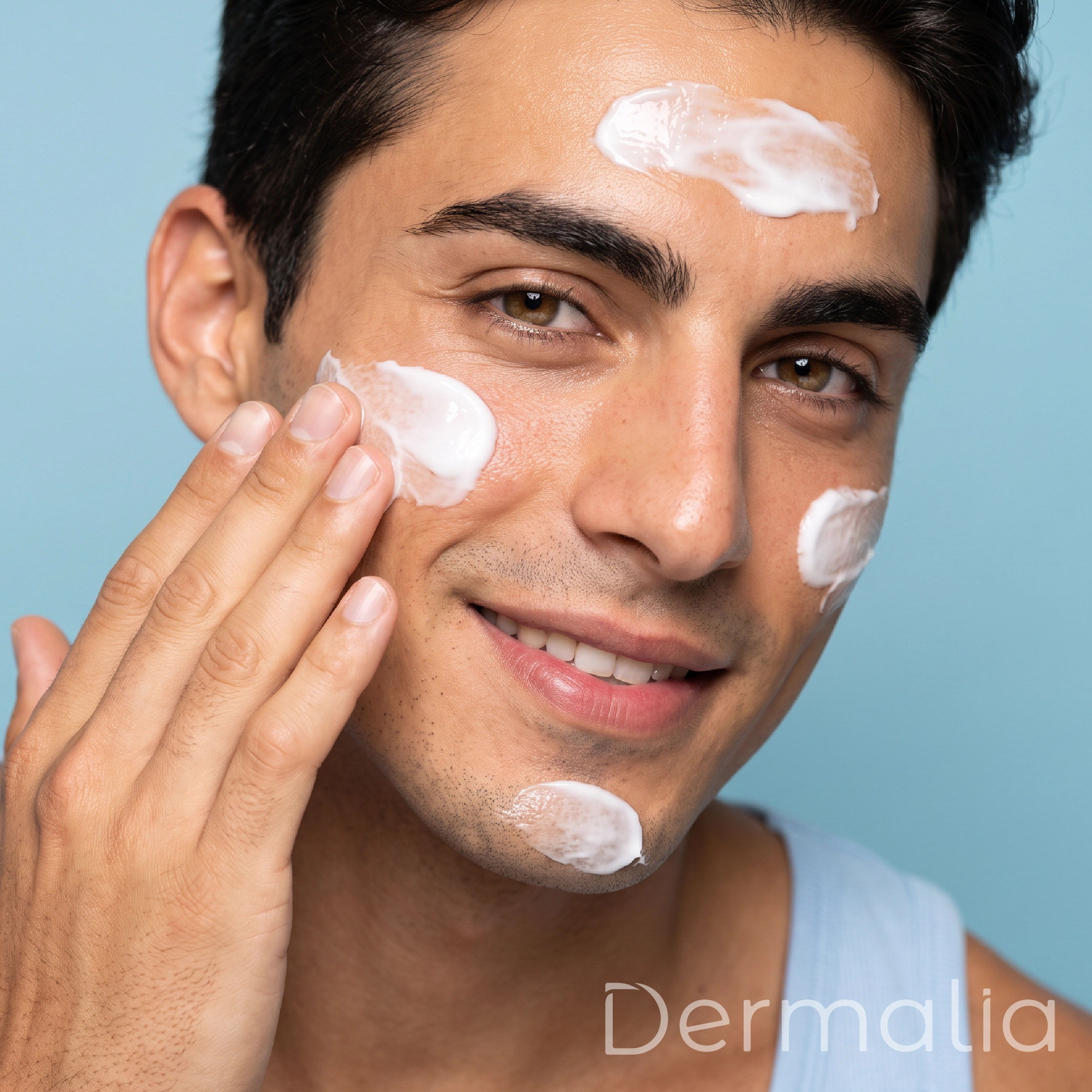 Hombre aplicando crema hidratante en diferentes zonas del rostro como parte de una rutina para piel grasa.