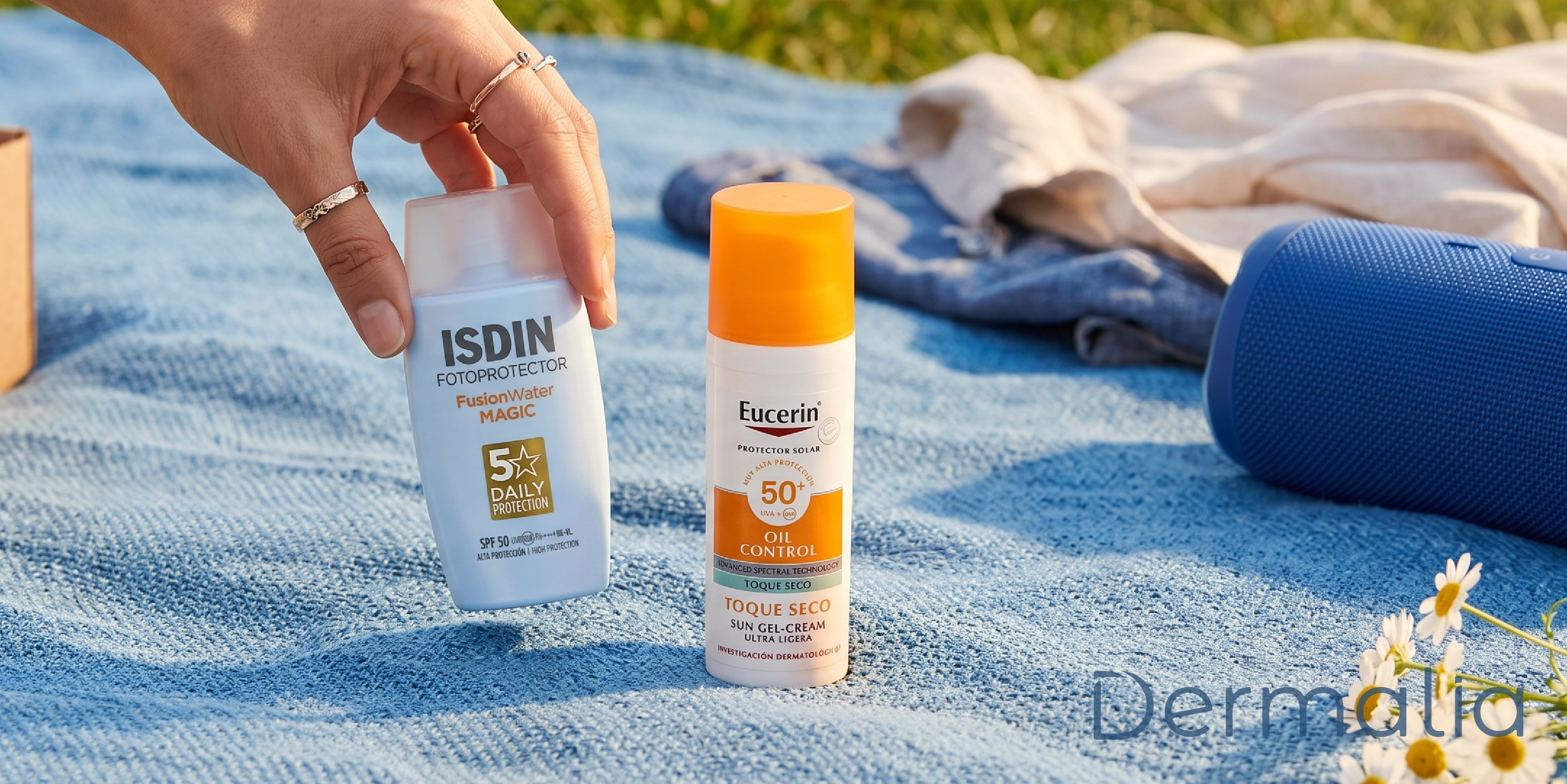 Protector solar Eucerin FPS 50+ y fotoprotector Isdin Fusion Water Magic FPS 50+, opciones recomendadas para proteger la piel del sol.