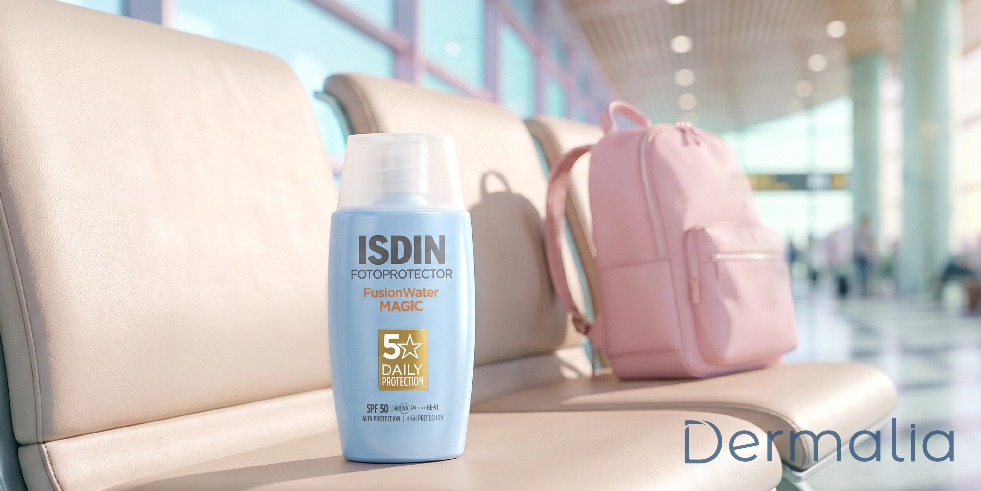 Fotoprotector Isdin Fusion Water Magic FPS 50+ de amplio espectro para proteger la piel de los rayos UV, luz azul y contaminación.