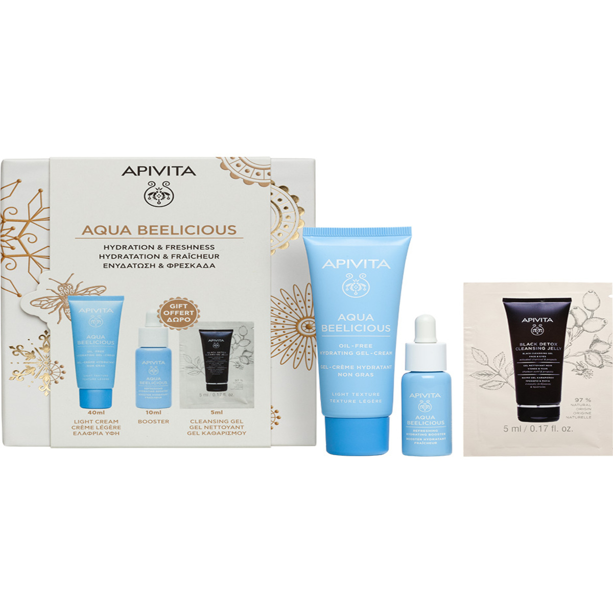 producto-Pack  Aqua Beelicious Oil-Free Gel-Crema 40Ml + Mini Booster 10Ml & Sachet Limpiador Black Detox 5Ml