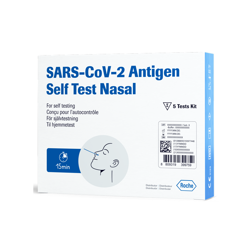 Caja con 5 pruebas de Roche para el autodiagnóstico del virus SARS-CoV-2.