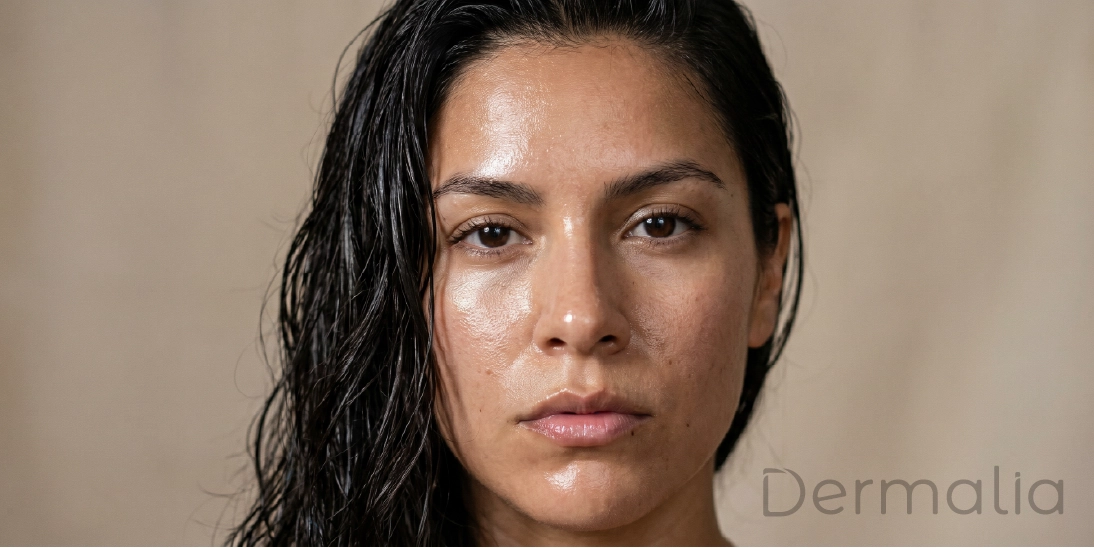 Cómo se ve la piel grasa con exceso de brillo facial. Rostro de mujer con brillo facial causado por exceso de grasa en la piel.