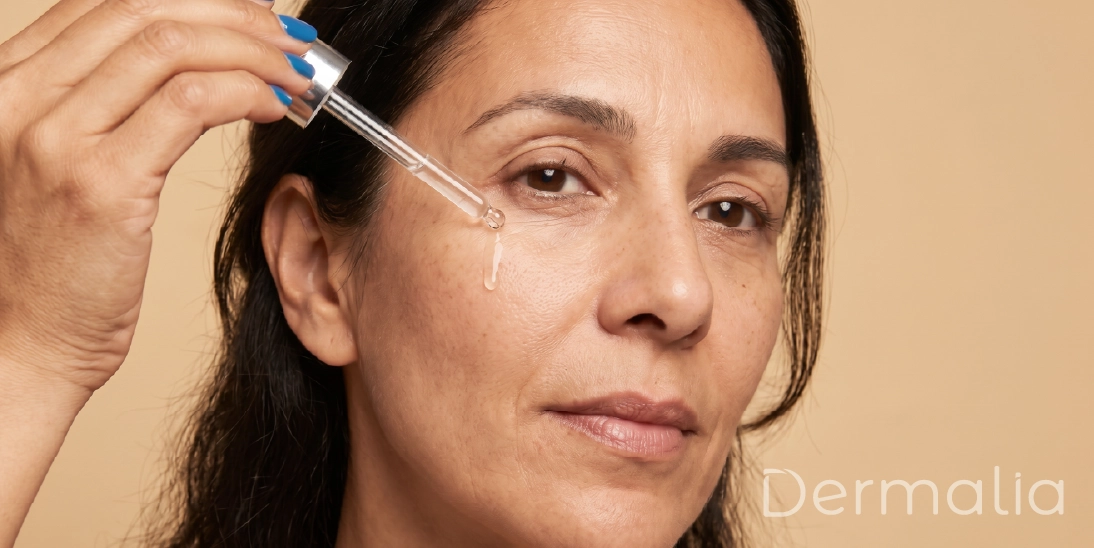 Aplicación de sérum facial con ácido hialurónico y niacinamida para hidratar la piel y prevenir signos visibles de envejecimiento.