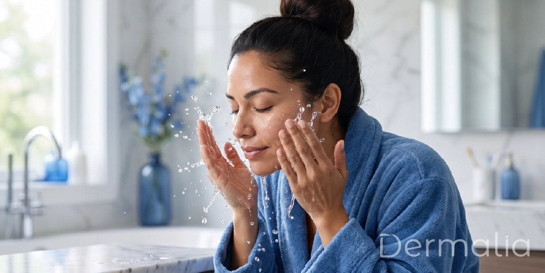 Mujer realizando la limpieza facial con agua durante su rutina diaria de cuidado de la piel.