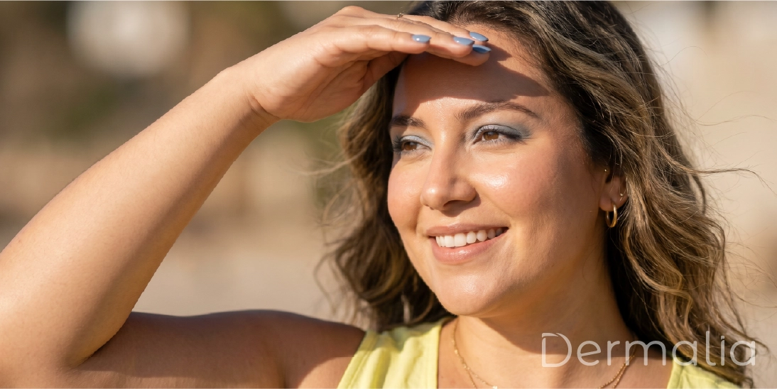 Mujer al aire libre protegiendo su rostro del sol con rutina de fotoprotección diaria.
