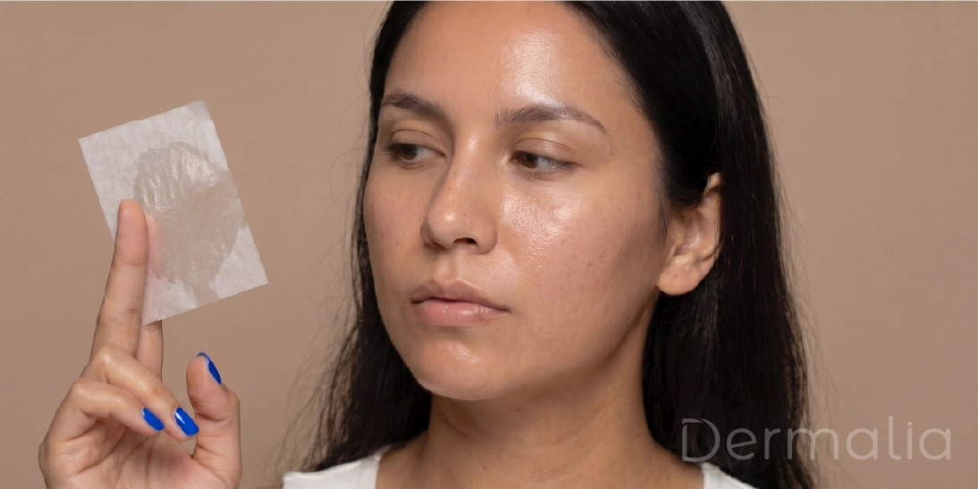 Cómo controlar el brillo y la grasa facial durante el día. Mujer mostrando papel absorbente con exceso de grasa facial en piel grasa.