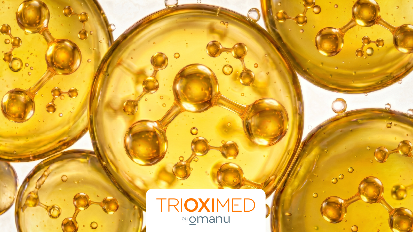 Representación visual del aceite ozonizado con estructuras moleculares en tonos dorados, utilizada para ilustrar sus propiedades dermatológicas y beneficios para la piel.