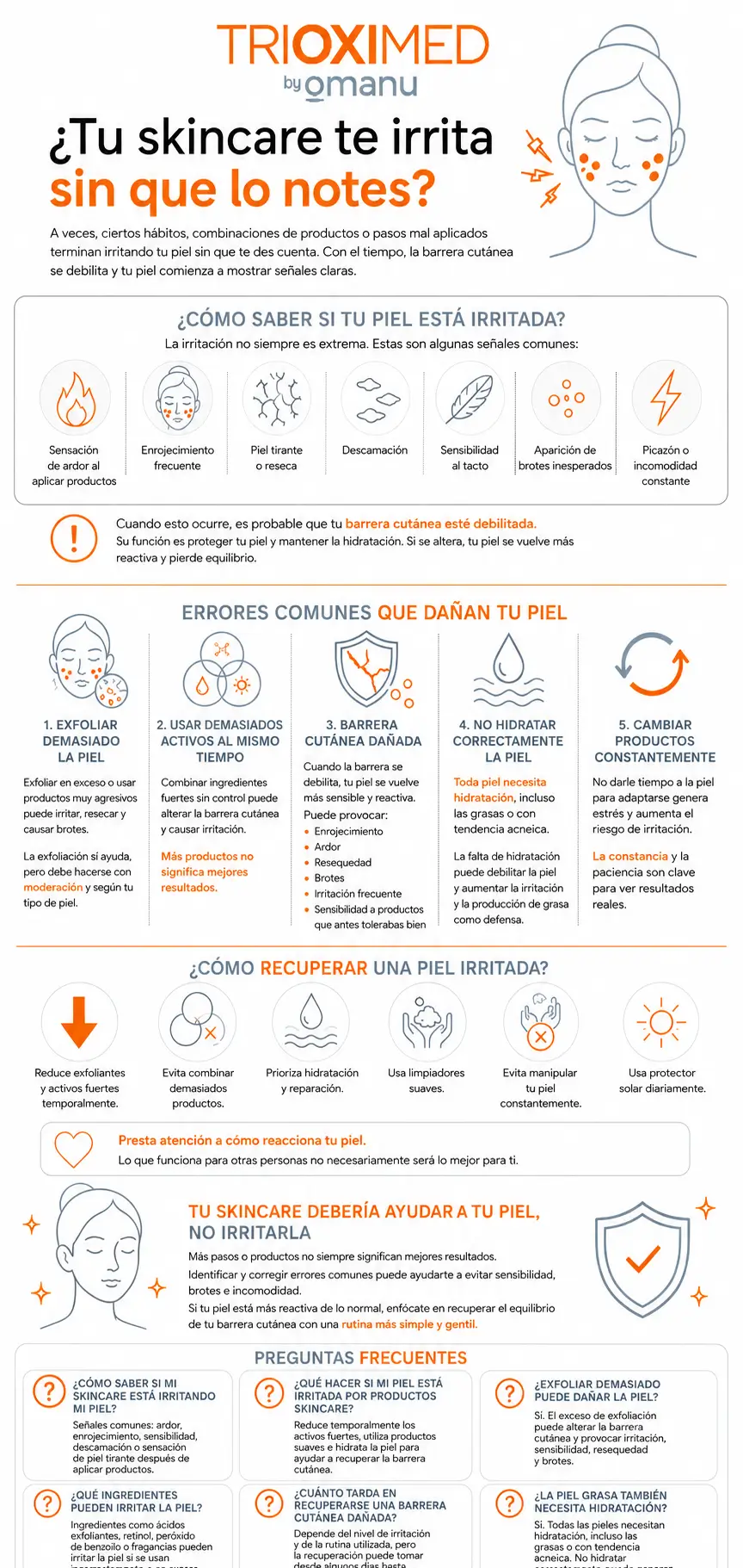 Infografía sobre errores comunes en skincare que pueden irritar la piel, señales de una barrera cutánea dañada y consejos para recuperar el equilibrio de la piel.