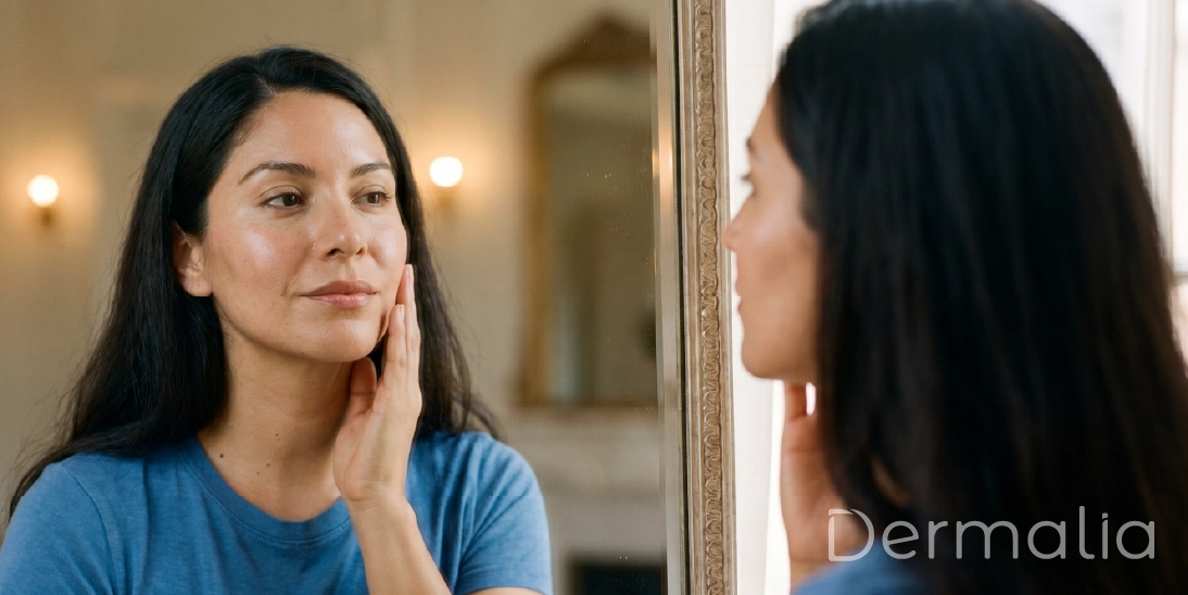 Mujer observando el estado de su piel frente al espejo después de su rutina facial.