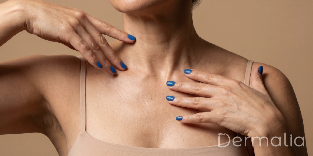 Signos de envejecimiento prematuro en cuello y escote. Pérdida de elasticidad en cuello y escote como señal de envejecimiento prematuro.