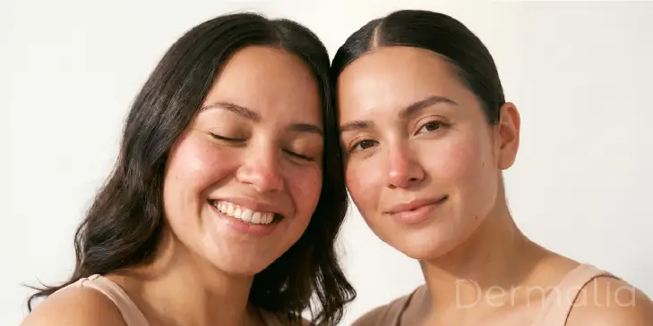 Mujeres con piel sensible y rostro hidratado después de rutina para rojeces.