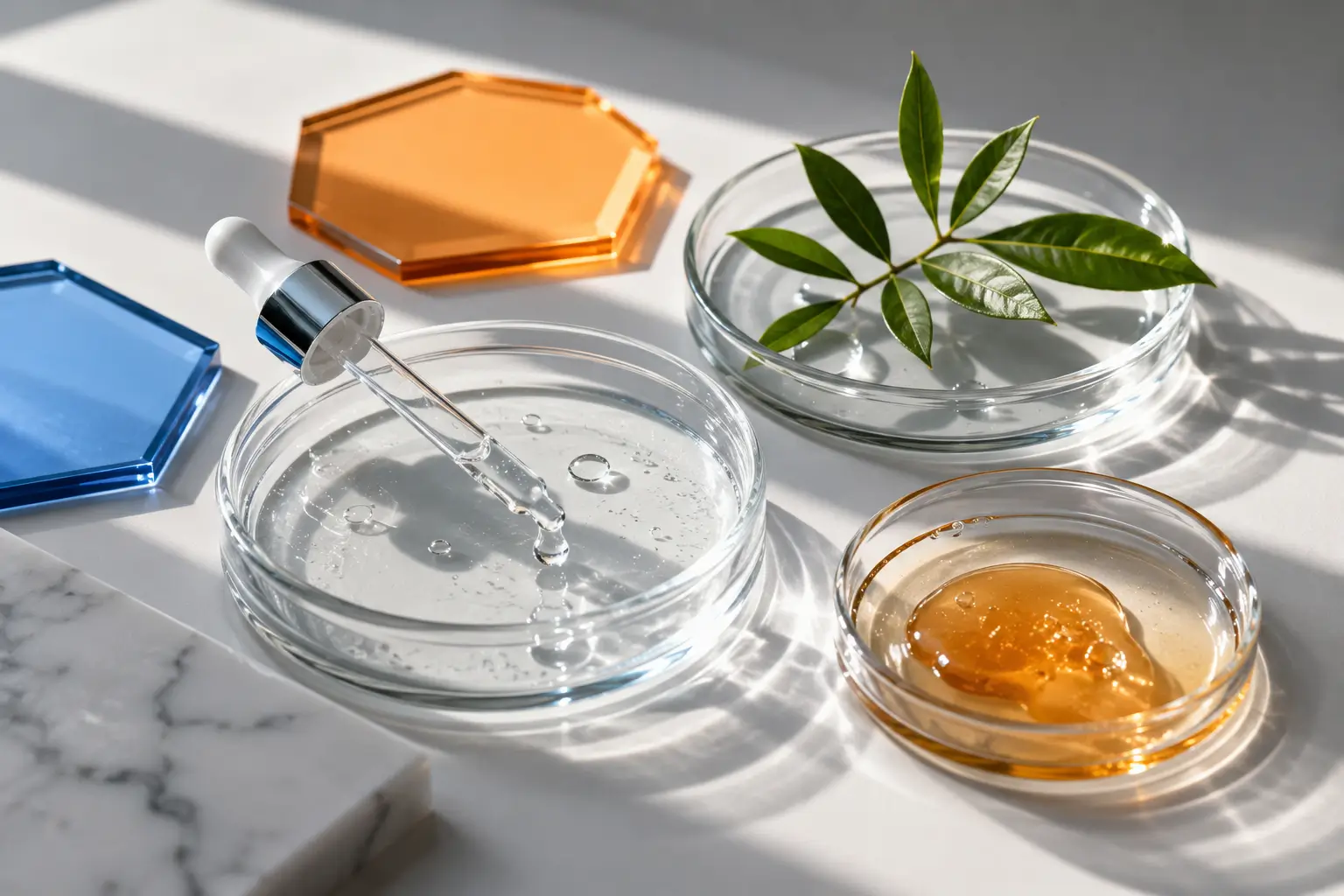Formulación cosmética e ingredientes para el cuidado de la piel. Representación visual de formulación cosmética con elementos científicos, ingredientes activos y cuidado dermatológico de la piel.