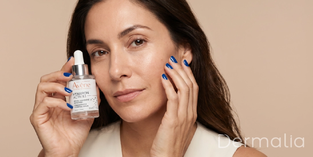 Mujer aplicando rutina de skincare anti edad con sérum Avène Hyaluron Activ B3 para una piel más luminosa e hidratada.