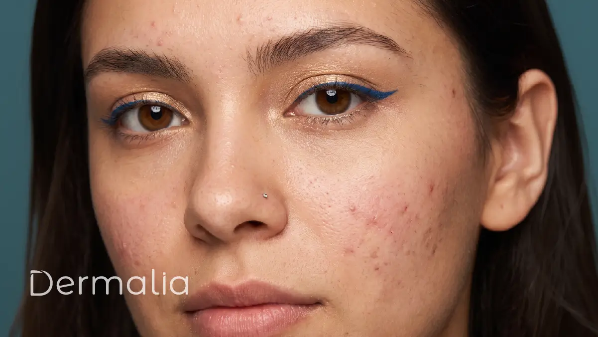 Mujer con piel con tendencia acneica y brotes visibles en el rostro.