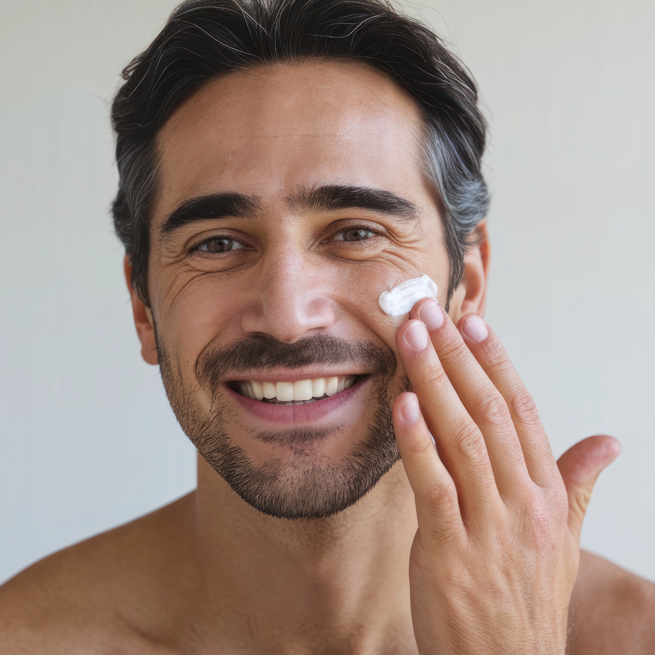 Hidratación facial para piel deshidratada. Hombre aplicando crema hidratante en el rostro.