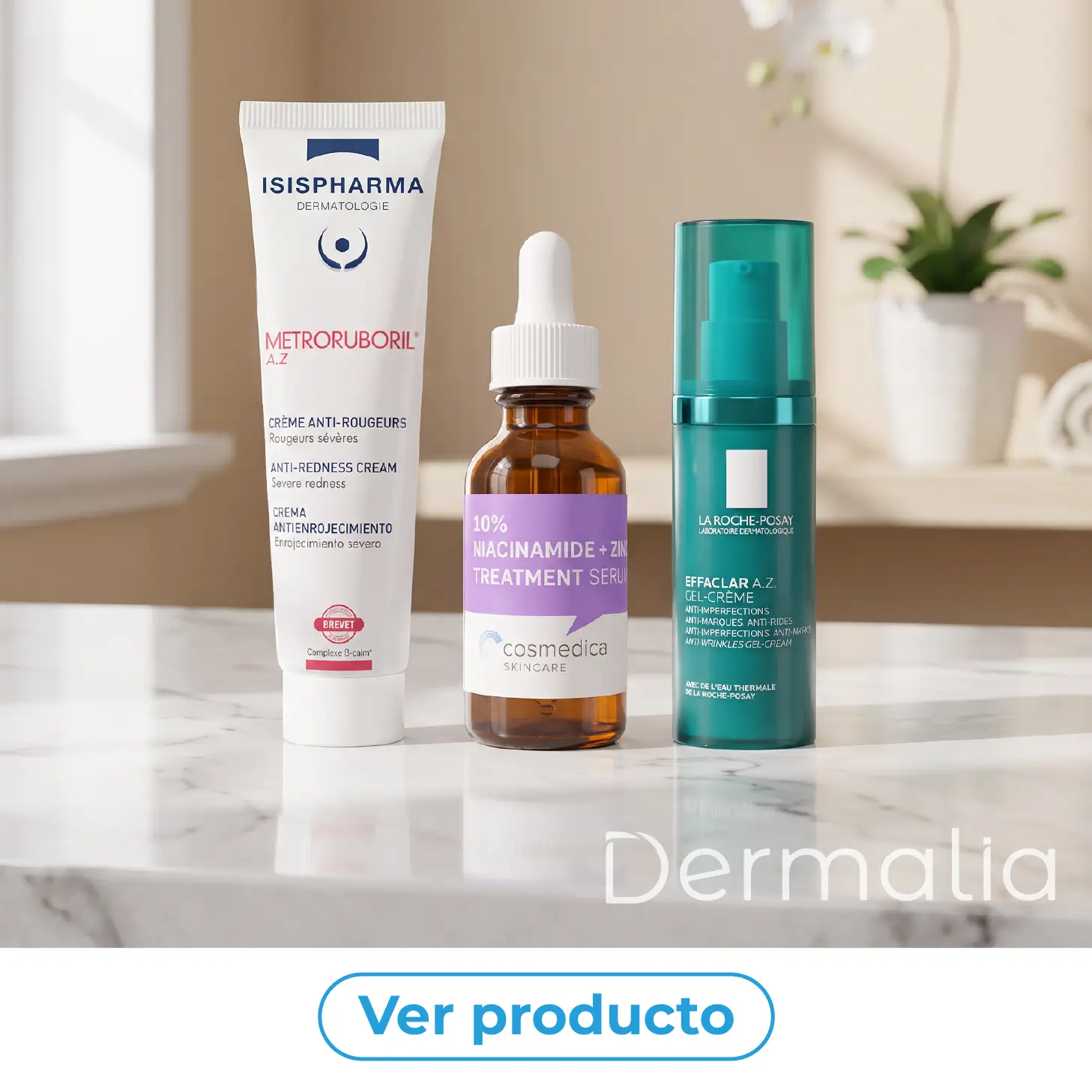 Productos con ácido azelaico, niacinamida y ácido salicílico para el cuidado antiacné.