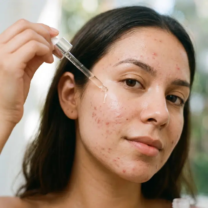 Mujer aplicando sérum sobre el rostro con imperfecciones y tendencia al acné.