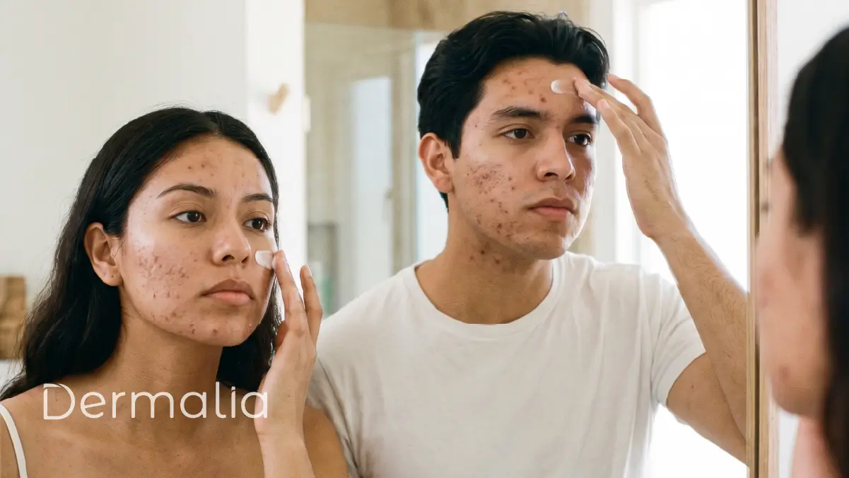 Pareja aplicando productos de skincare sobre la piel con tendencia al acné.