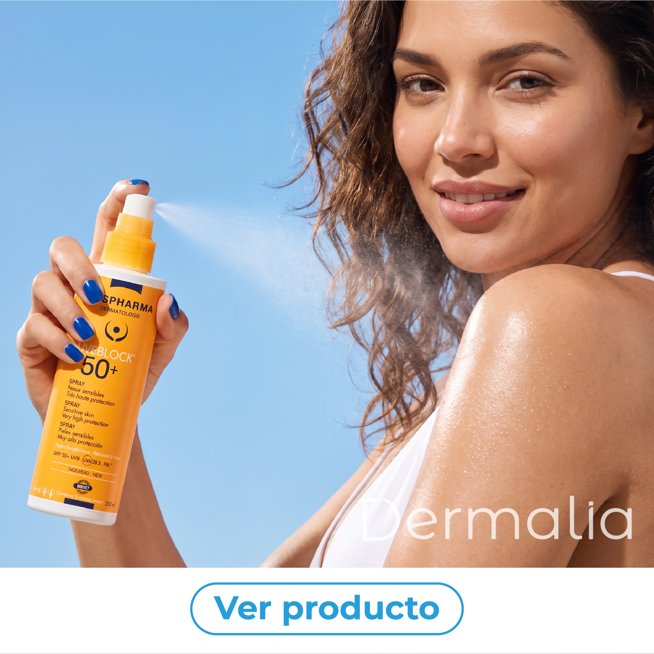 Mujer aplicando Uveblock Spray FPS 50+ sobre la piel para reaplicar el protector solar durante la exposición al sol.