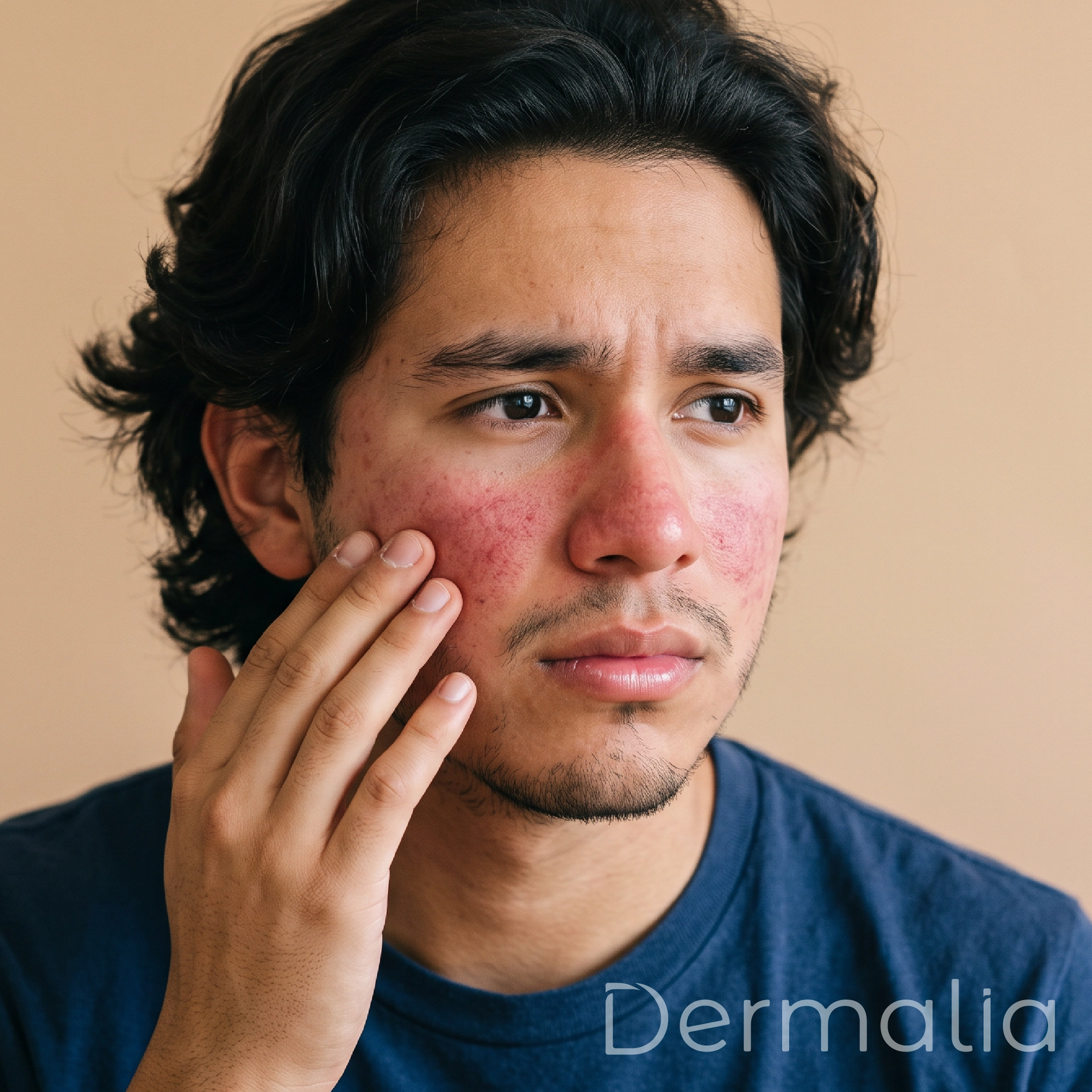 Rosácea: enrojecimiento facial y sensibilidad de la piel Hombre con rosácea y enrojecimiento visible en las mejillas