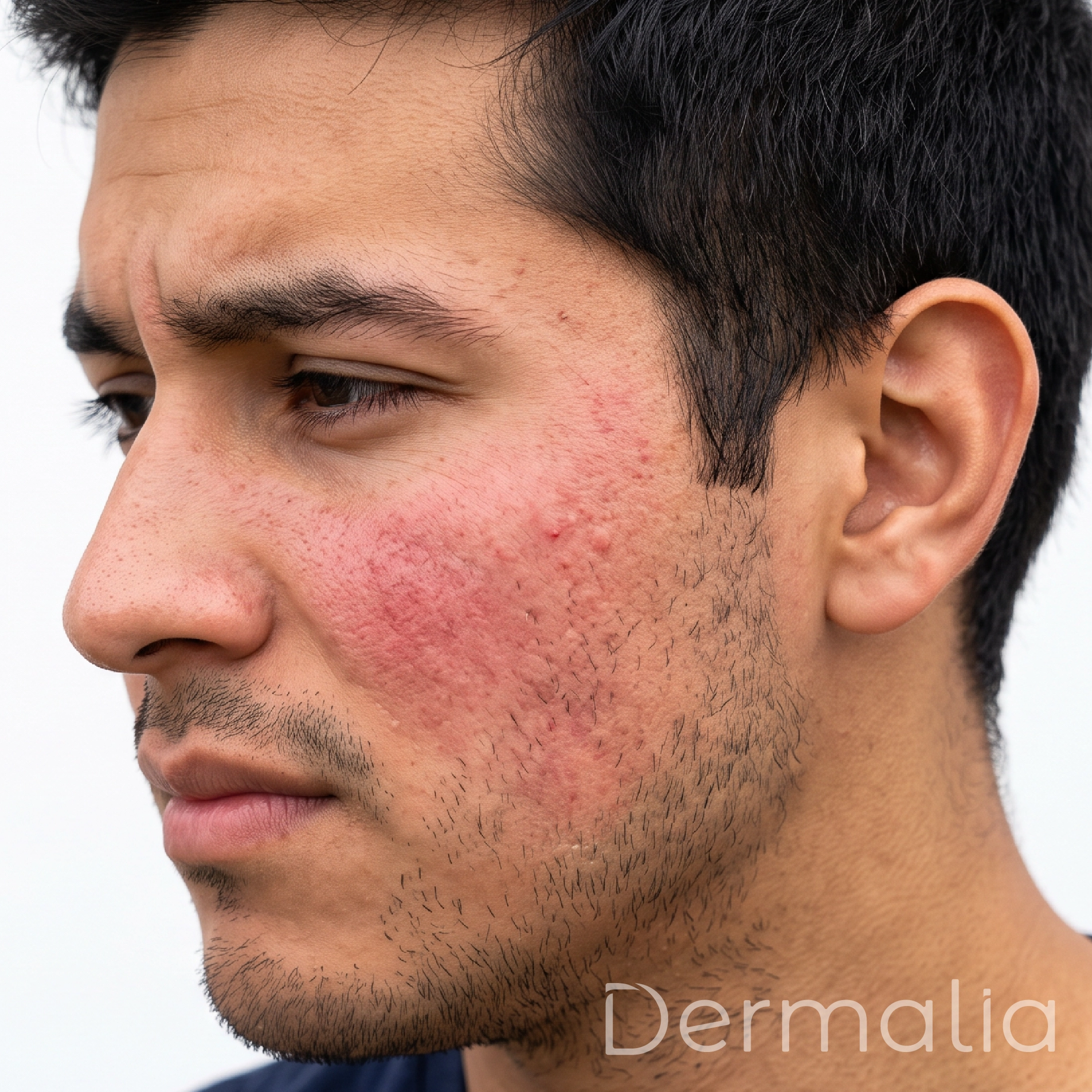 Rosácea: enrojecimiento y síntomas en la piel Rostro masculino con enrojecimiento facial asociado a rosácea.