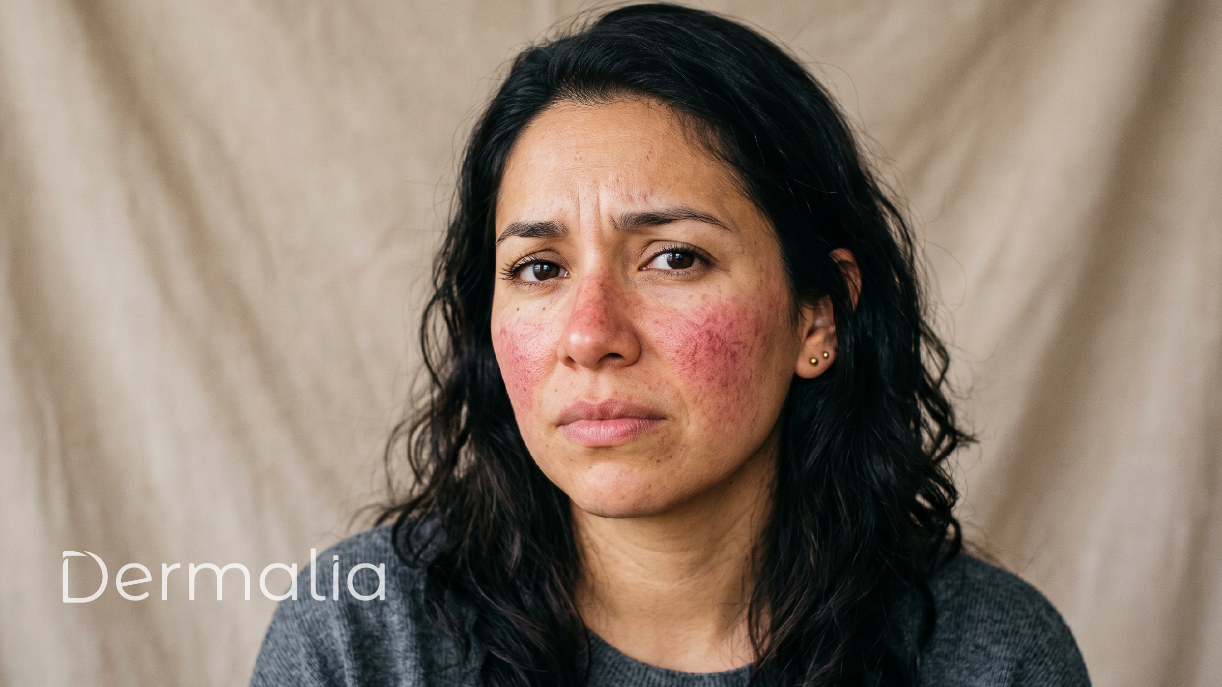 Mujer con enrojecimiento facial y signos de piel sensible.