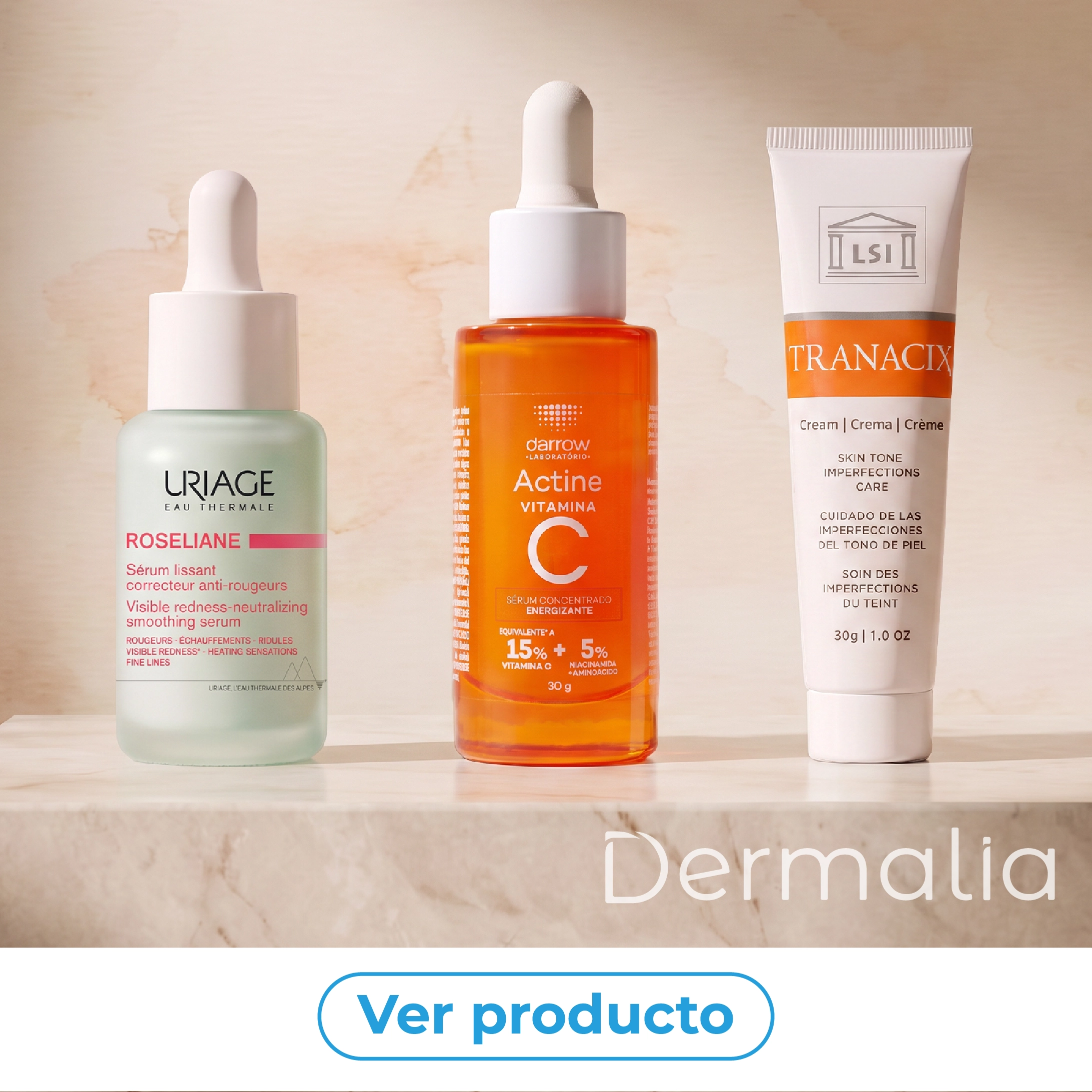 Productos para tratar manchas e hiperpigmentación de la piel. Productos para el cuidado de la piel con vitamina C y ácido tranexámico.