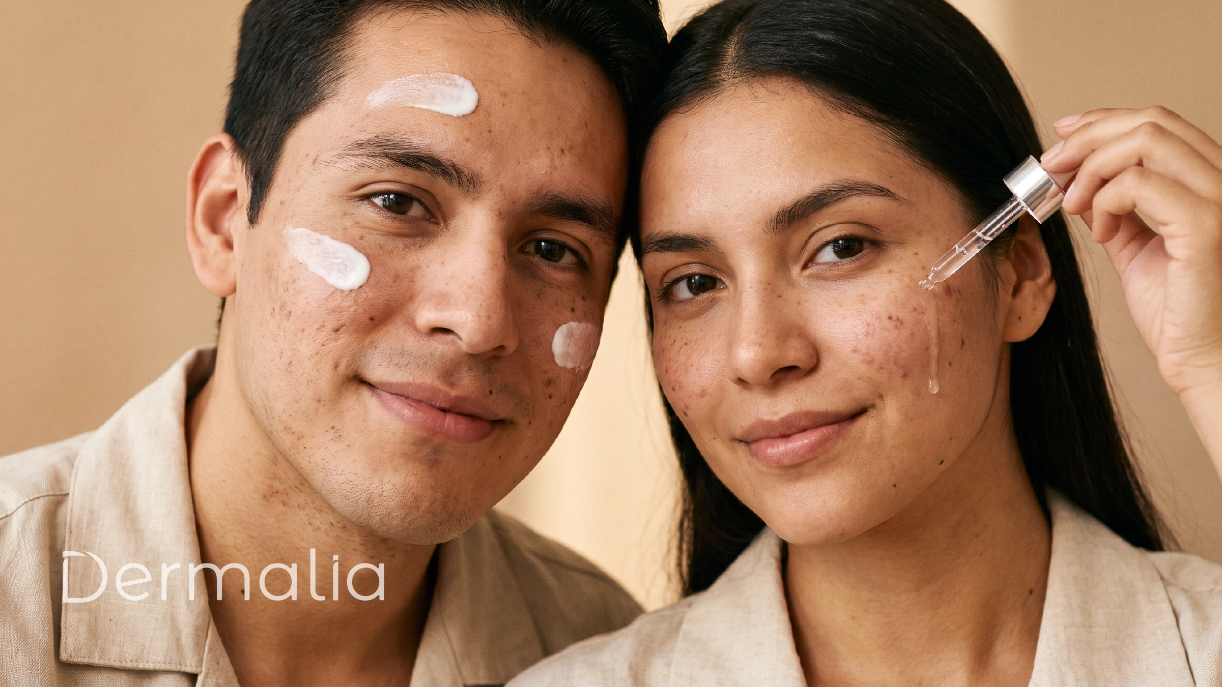 Pareja aplicando productos para el cuidado de la piel con manchas y acné.