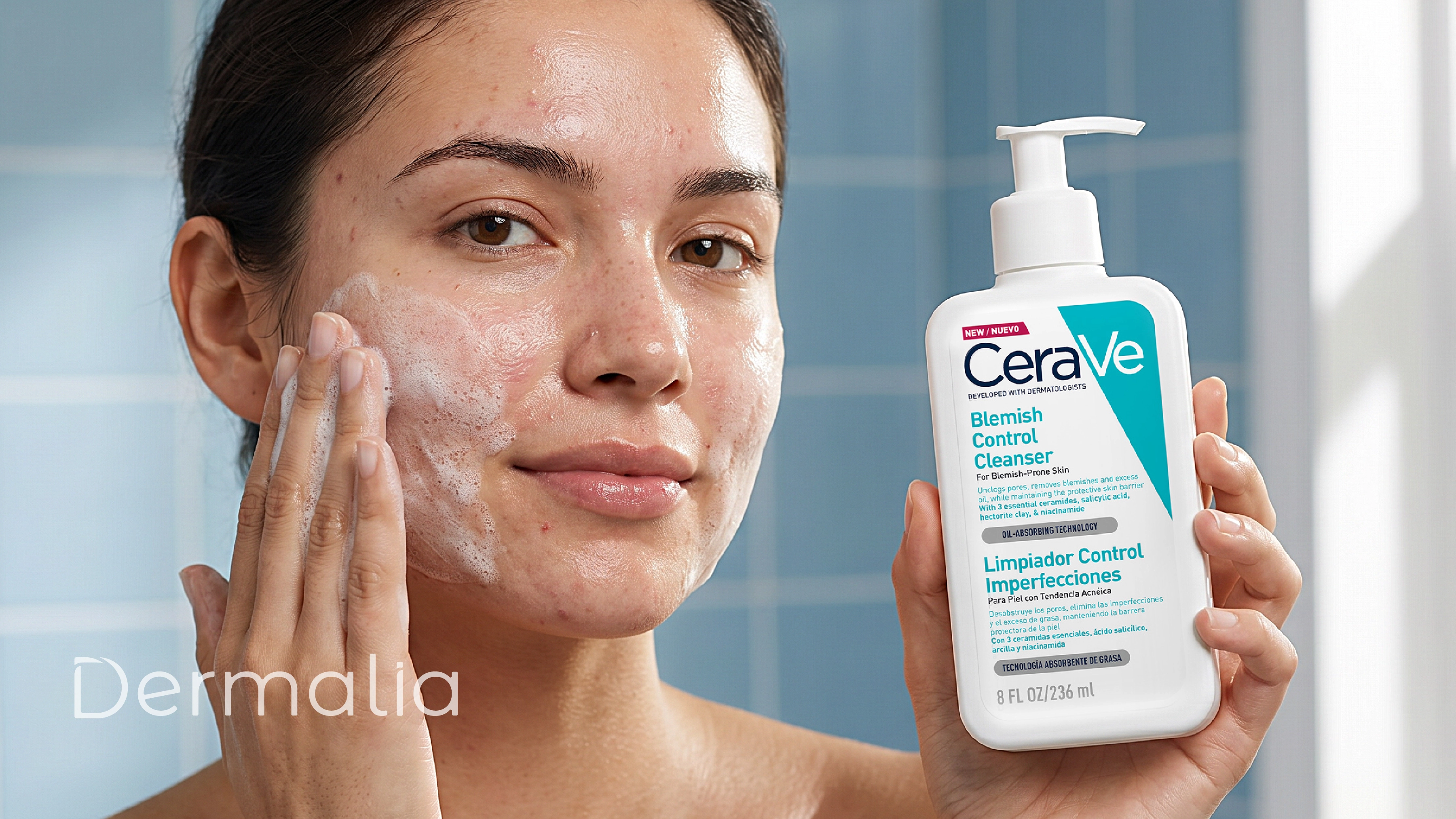 Mujer aplicando un limpiador facial para piel grasa y con tendencia al acné durante su rutina de skincare.