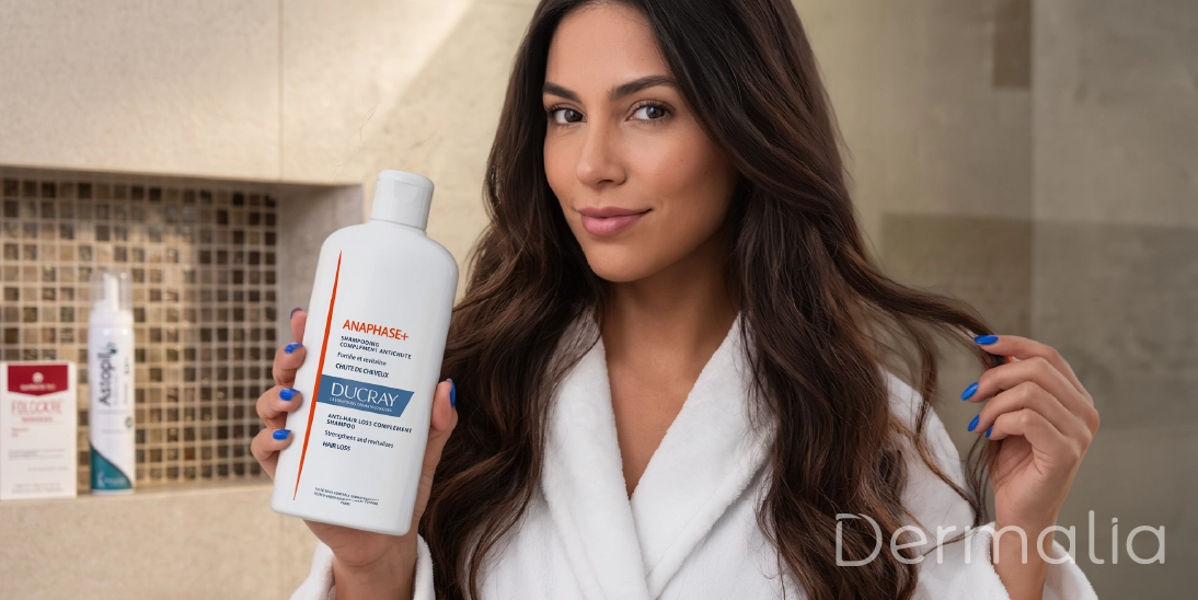 Mujer sosteniendo un shampoo para la caída del cabello mientras muestra una melena larga y con apariencia saludable.