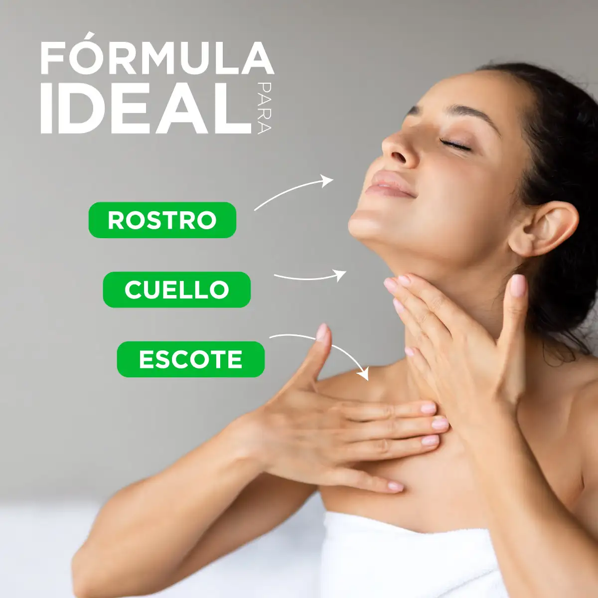 Aplicar la crema antiacné Trioximed en rostro, cuello y escote. Mujer aplicando crema antiacné en rostro, cuello y escote como parte de una rutina para piel grasa y con brotes.