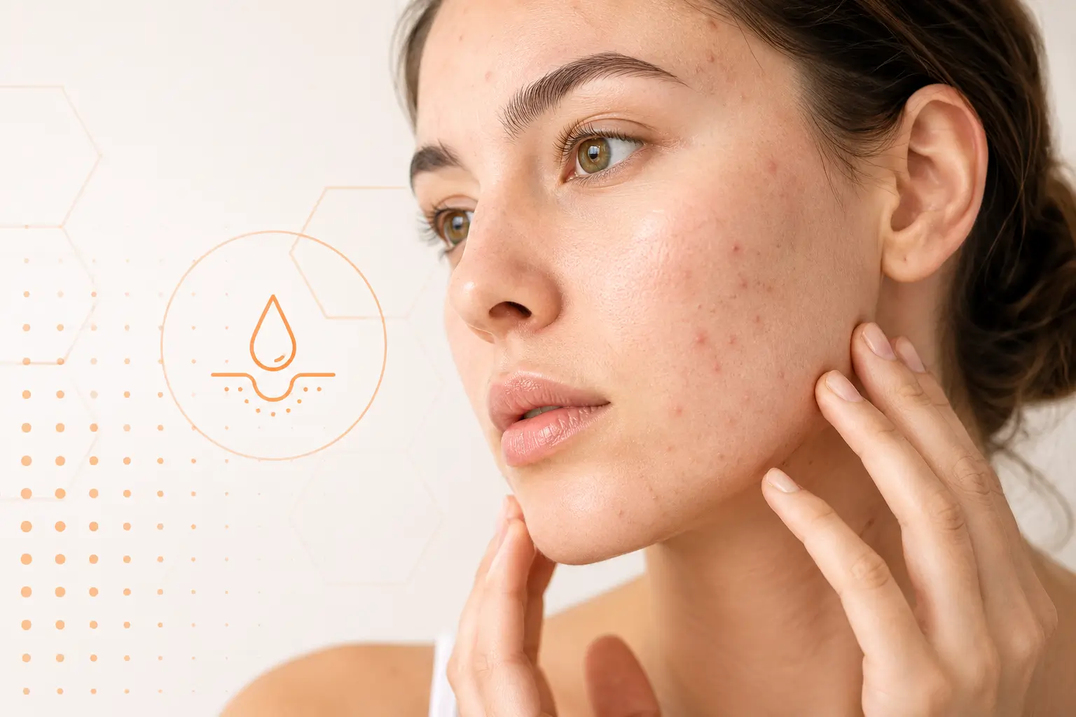 Acné facial y el interés creciente por los remedios naturales para la piel. Mujer con acné leve observando la apariencia de su piel en un entorno limpio y de inspiración dermatológica.