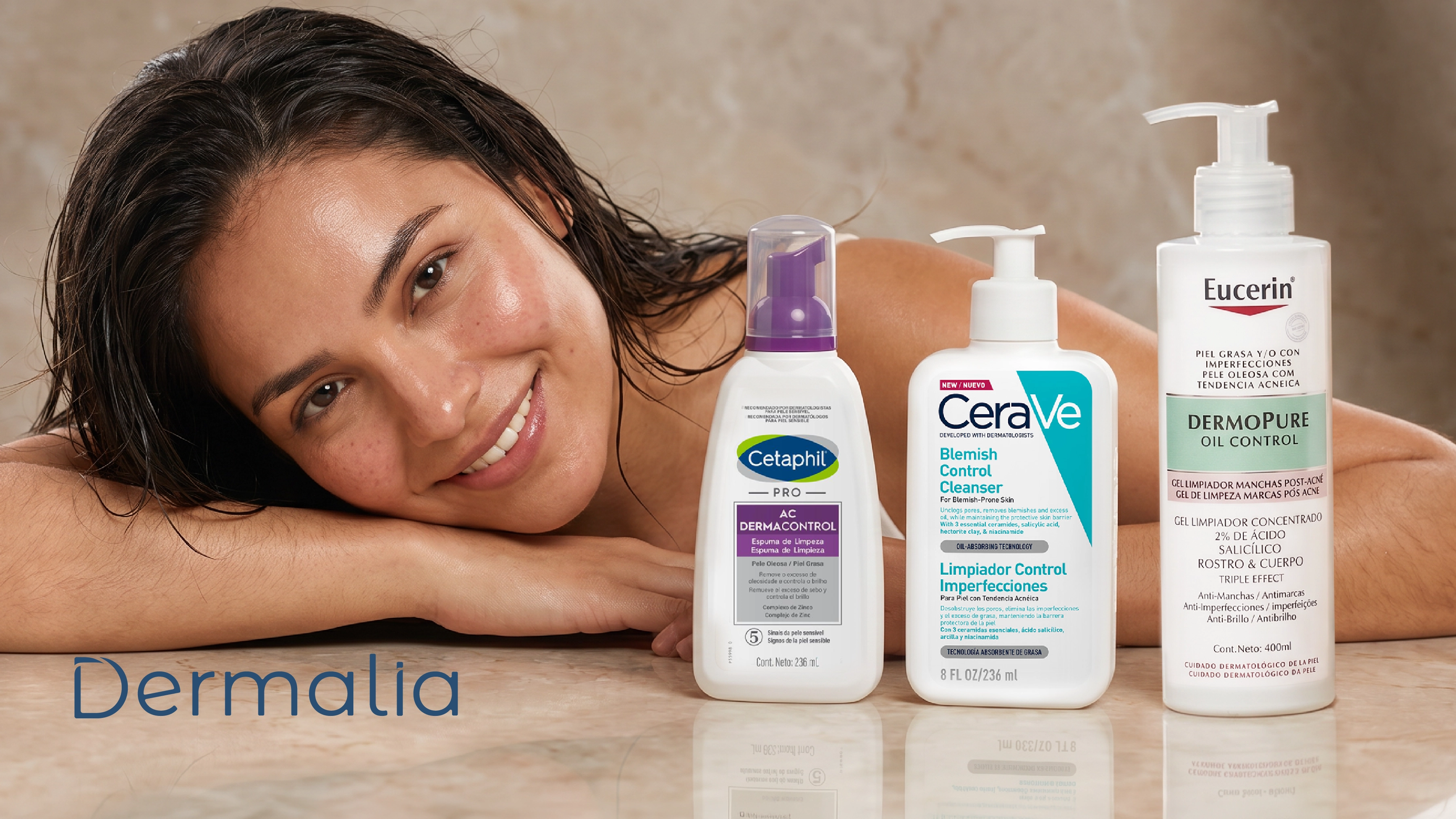 Mujer con piel grasa junto a limpiadores faciales para controlar el exceso de grasa y mantener el equilibrio cutáneo.