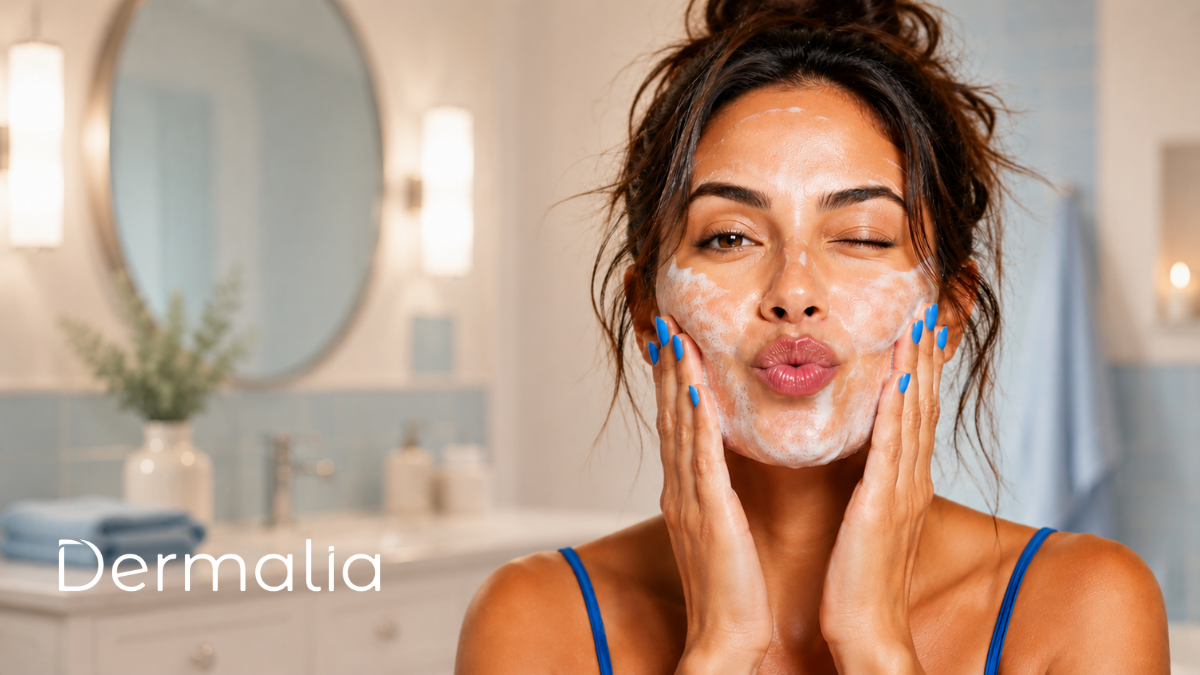 Mujer realizando limpieza facial con espuma limpiadora sobre el rostro durante su rutina diaria de skincare en el baño.